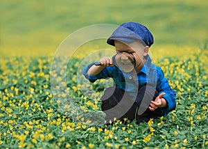 Happy little happy child boy, exploring nature with magnifying glass, summer. Concept of kid and nature
