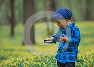 Happy little happy child boy, exploring nature with magnifying glass, summer. Concept of kid and nature