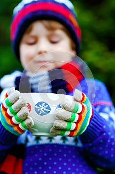 Happy little kid boy drinking hot cocoa and chocolate drink and marshmallows. Funny child in winter sweater, cap, long