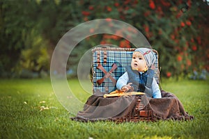 Happy little kid boy playing with airplane toy while sitting in suitcase on green autumn lawn. Children enjoying activity outdoor