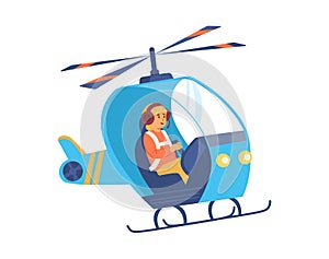 Happy little kid girl controls a blue helicopter a vector illustration