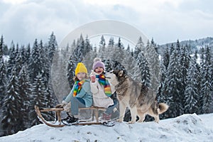 Happy little kids couple with dog haski at the forest nature park in the cold season. Travel children adventure.