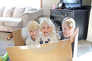 Happy Little Kids Playing in Cardboard Box