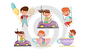 Happy Little Kids Riding on Carousel and Eating Candyfloss Vector Set