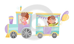 Happy Little Kids Riding on Train and Holding Balloons Vector Set