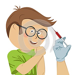 Happy little nerd boy with glasses being injected over white background