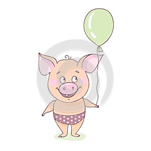 Happy little pig is standing with a balloon