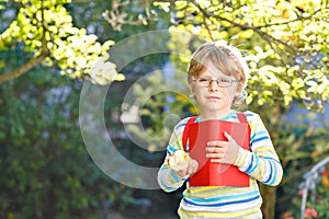 Happy little preschool kid boy with glasses, books, apple and backpack on his first day to school or nursery. Funny