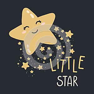 Happy little star on a dark background. Good night vector illustration. Print for baby room, greeting card, kids and baby t-shirts