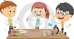 Happy little students on chemistry lesson in lab experiment