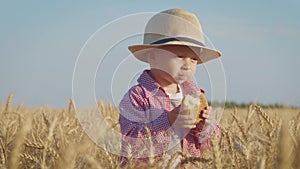 Happy little toddler in hat eats bread while standing in wheat field at sunset. Summer country life and agriculture