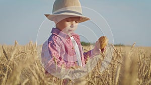 Happy little toddler in hat eats bread while standing in wheat field at sunset. Summer country life and agriculture