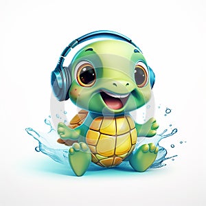 Happy little turtle listening to music and splashing around on white background.