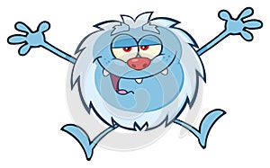 Happy Little Yeti Cartoon Mascot Character Jumping Up With Open Arms.