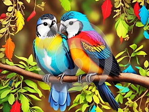 A Couple of animals, two cute birds fall in love sitting on branch.