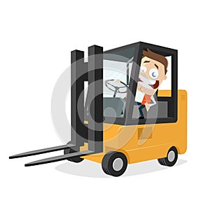 Happy logistician with forklift