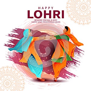 Happy Lohri festival of Punjab Indian harvest background. vector illustration of two girls playing lohri dance