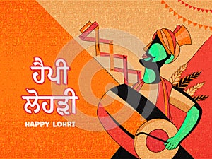 Happy Lohri Font In Punjabi Language with Cartoon Punjabi Man Playing Dhol, Sapp Instrument, Wheat Ear on Yellow And Orange