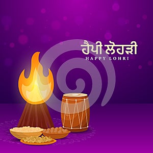 Happy Lohri Font Text with Bonfire, Dhol Instrument, Delicious Foods Illustration on Shiny Violet