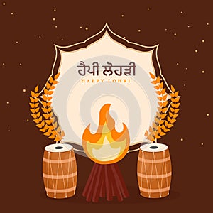 Happy Lohri Font Text with Dhol Instruments, Wheat Ear and Bonfire Illustration on Bro