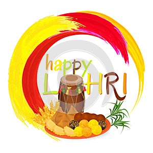 Happy Lohri India festival greeting card witn indian sweets and decorated drum.