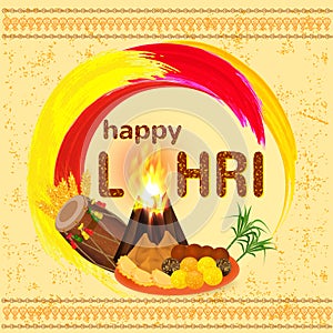 Happy Lohri India festival greeting card witn indian sweets, decorated drum and lohri bonfire.