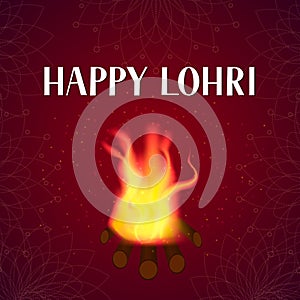 Happy Lohri lettering with fire on dark background. Indian Traditional Indian festival of winter solstice. Hindu celebration
