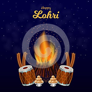 Happy Lohri poster art illustration. Traditional Harvest Punjab Festival celebration in January. Wheat, dhol, laddu in night sky.