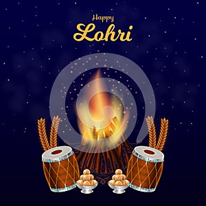 Happy Lohri poster vector illustration. Traditional Harvest Punjab Festival celebration in January. Wheat, dhol, laddu in night