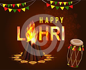 Happy Lohri Punjab India festival greeting card witn Lohri bonfire and decorated drum.