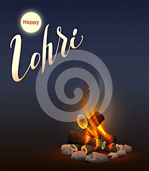 Happy Lohri Punjabi festival. Fire burning wood