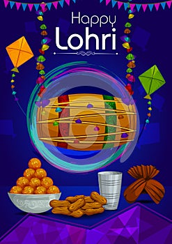 Happy Lohri Punjabi religious holiday background for harvesting