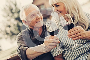 Happy looking aged twosome having picnic outdoors photo