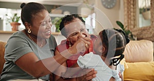 Happy, love and child with grandmother and mother on sofa laughing, playing and bonding together. Smile, relax and young