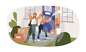 Happy love couple moved to new house. Man and woman with champagne bottle, celebrate relocation to bought home with photo