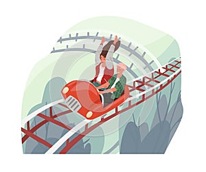 Happy love couple riding roller coaster car. Entertainment of careless free people in amusement park. Fast speed concept