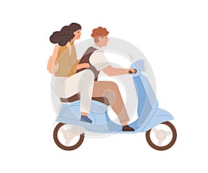 Happy love couple traveling on modern motor scooter together. Side view of man driving moped and woman holding her