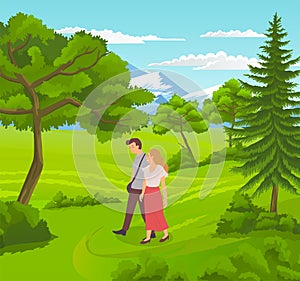 Happy in love couple walking at nature, green hills, grass, trees, mountains at background