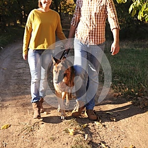 Happy love couple walking in park with their german shepherd dog