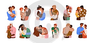 Happy love couples set. Men and women kissing, hugging, and cuddling. Diverse people in romantic relationships. Colored