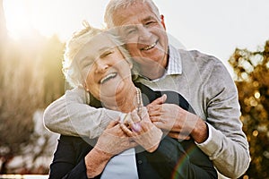 Happy, love and portrait of senior couple enjoying bonding, quality time and relax in morning. Nature, retirement and