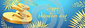 Happy Love and Valentine`s Day web banner template. 3D golden heart 14 February, tropical leaves, palm concept vector stock