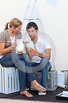Happy Lovers relaxing while renovating