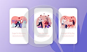 Happy Loving Couple Dating Mobile App Page Onboard Screen Set. Young Man and Woman Holding Glasses