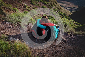 Happy loving couple hiking travel in mountains