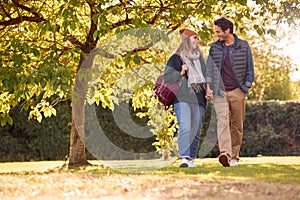 Happy Loving Couple Holding Hands Walking In Autumn Park Together