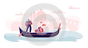 Happy Loving Couple Sitting in Gondola with Gondolier Floating at Canal Hugging with Hearts Around, Love in Venice. Man and Woman