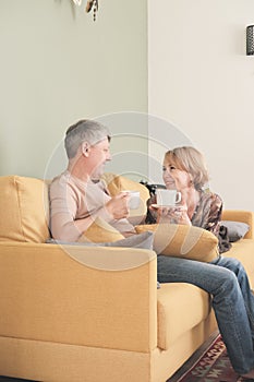 happy loving couple in their 50& x27;s drinking tea sitting on a couch. vertical shot of beautiful people mature adults