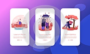 Happy Loving Couples Sparetime. Mobile App Page Onboard Screen Set. Man and Woman Spend Time Together