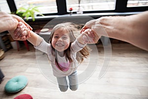 Happy loving family. Father and his daughter child girl playing together. Father`s day concept.